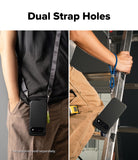 Google Pixel 11 Pro Case | Onyx Magnetic - A split-panel product demonstration showing a black phone case with dual strap attachment points. The left panel shows the case hanging from a shoulder strap on a person's waist, and the right panel shows the case hanging from a blue wrist strap on a person's leg while holding a ladder.