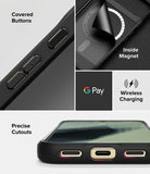 Google Pixel 11 Pro Case | Onyx Magnetic - A black protective smartphone case shown in a multi-panel feature graphic. The panels highlight covered side buttons, an inside magnetic ring detail, Google Pay compatibility, wireless charging support, and precise cutouts for USB-C and charging ports.