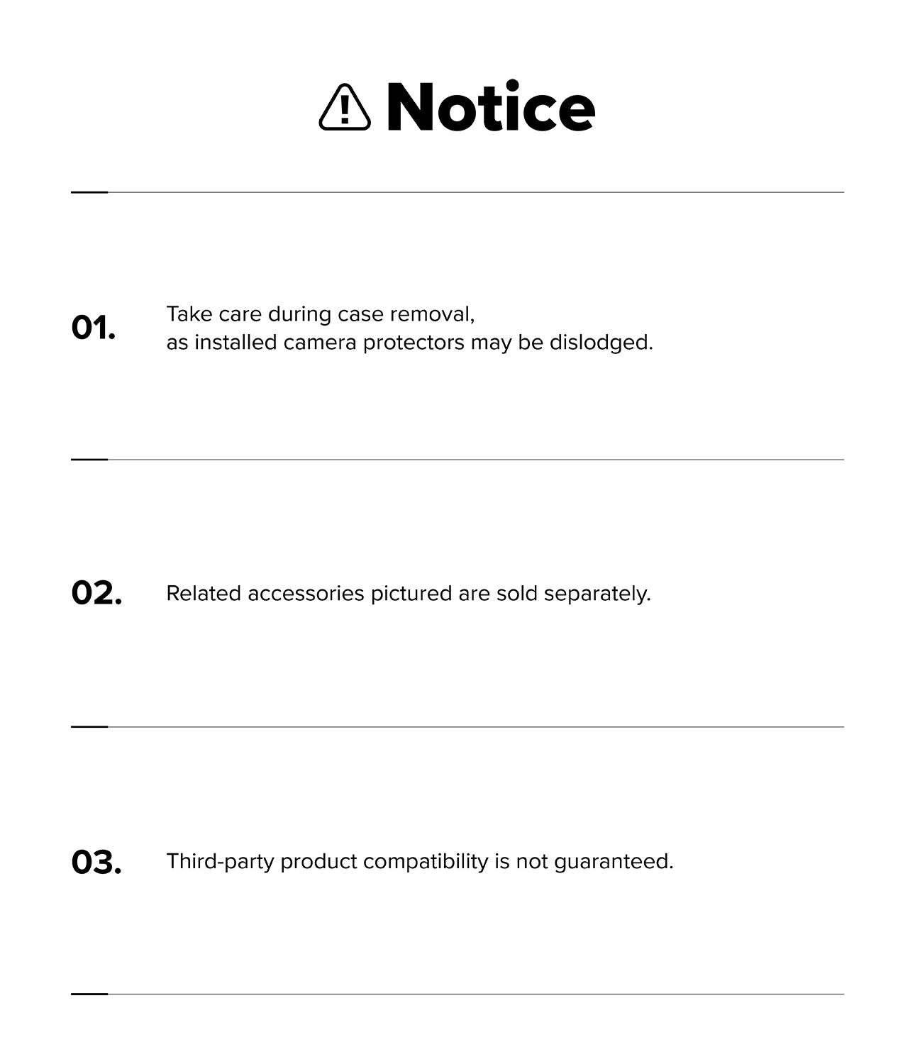 Google Pixel 11 Pro Case | Onyx Magnetic - A white notice sheet with black text and lines, headed 'Notice' with a warning icon. The text lists three points about camera protector removal, sold accessories, and third-party product compatibility.