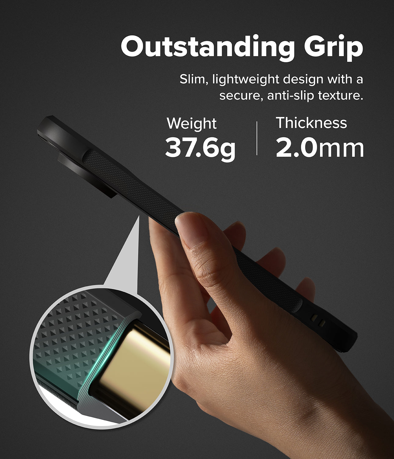 Google Pixel 11 Pro Case | Onyx Magnetic - A hand holding a slim black smartphone case against a dark gray background, with text reading 'Outstanding Grip' and product specs: weight 37.6g and thickness 2.