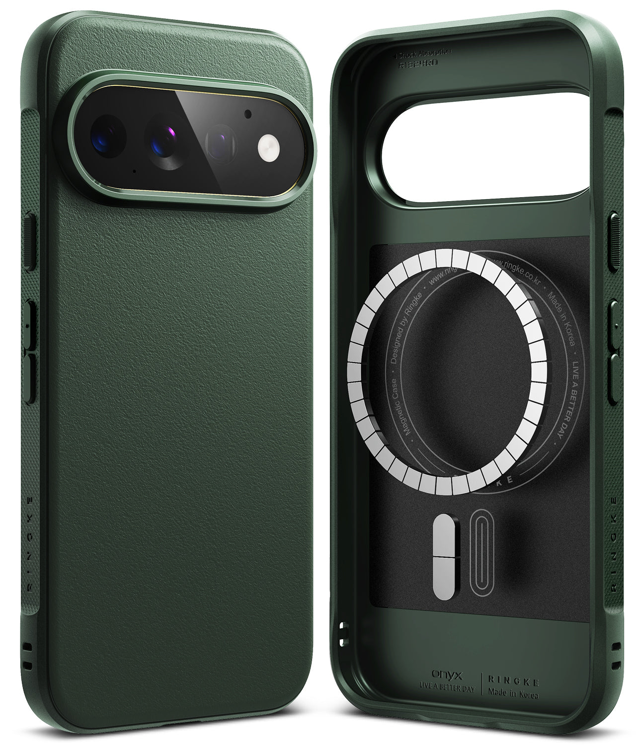 Google Pixel 11 Pro Case | Onyx Magnetic - Two views of a dark forest green protective phone case with a textured leather-like finish, shown on a clean white background. One view displays the back of the case with a raised camera bumper, and the other shows the front face with a circular MagSafe ring and a cutout for a phone's charging port.