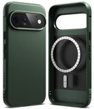 Google Pixel 11 Pro Case | Onyx Magnetic - Two views of a dark forest green protective phone case with a textured leather-like finish, shown on a clean white background. One view displays the back of the case with a raised camera bumper, and the other shows the front face with a circular MagSafe ring and a cutout for a phone's charging port.