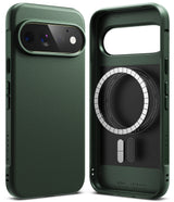 Google Pixel 11 Pro Case | Onyx Magnetic - Two views of a dark forest green protective phone case with a textured leather-like finish, shown on a clean white background. One view displays the back of the case with a raised camera bumper, and the other shows the front face with a circular MagSafe ring and a cutout for a phone's charging port.