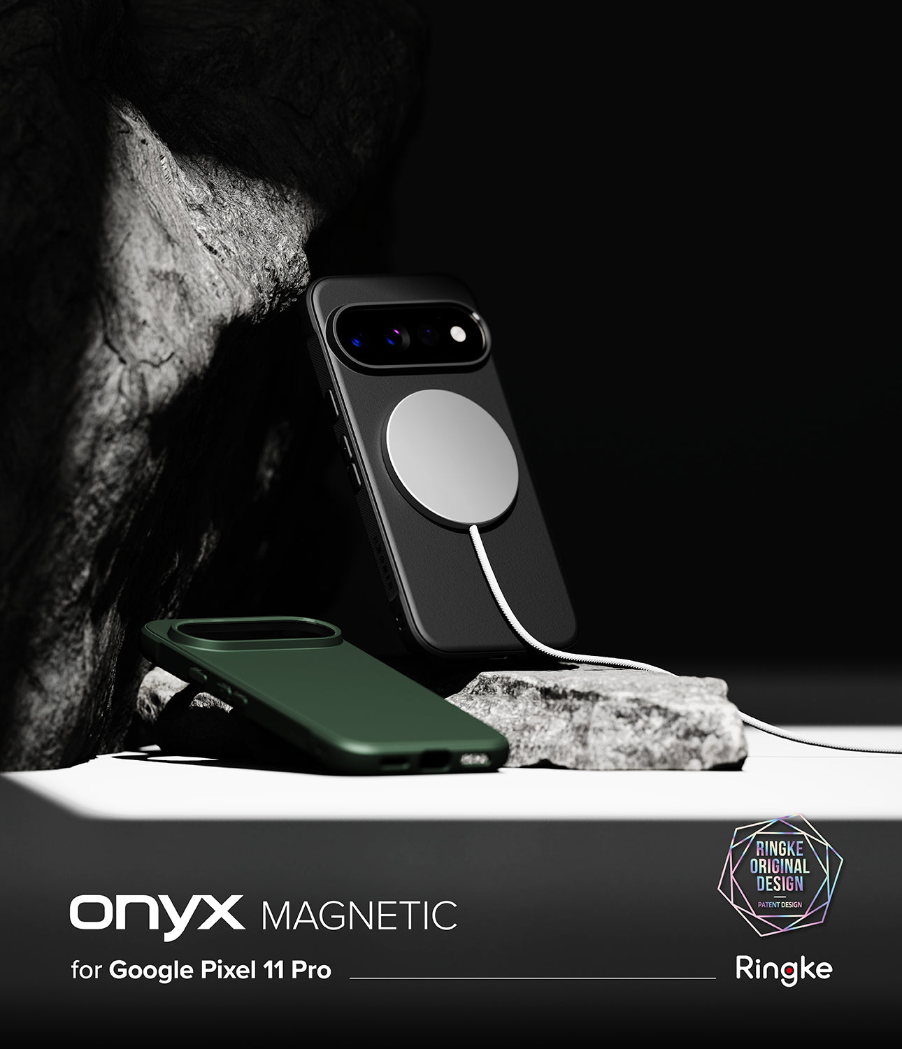 Google Pixel 11 Pro Case | Onyx Magnetic - A dark green magnetic phone case and a black magnetic phone case with a white MagSafe ring, displayed on rocks against a black background. Text at the bottom reads 'onyx MAGNETIC for Google Pixel 11 Pro' with Ringke branding.