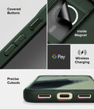 Google Pixel 11 Pro Case | Onyx Magnetic - A dark green phone case shown in a multi-panel feature graphic. The panels highlight a covered button, an inside magnetic ring, wireless charging compatibility with the Google Pay logo, and precise cutouts for a USB-C and Lightning port.