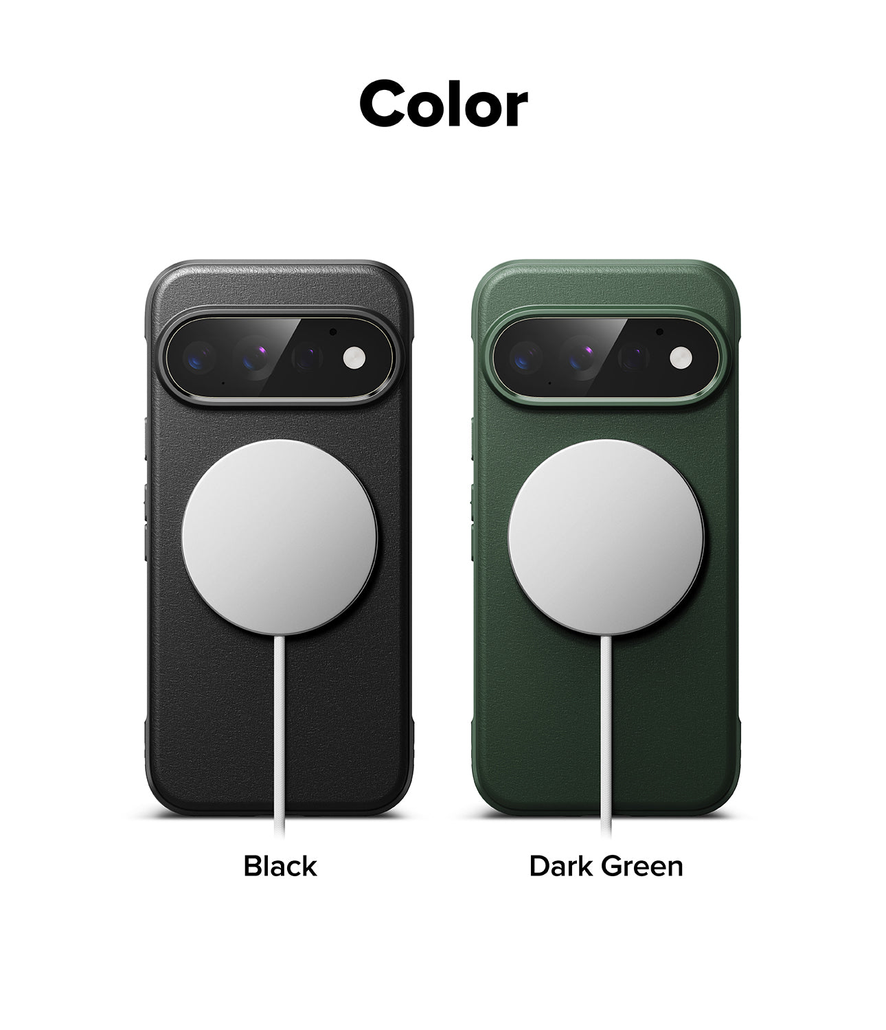 Google Pixel 11 Pro Case | Onyx Magnetic - Color options graphic showing two phone cases side by side on a white background, labeled 'Color' at the top and 'Black' and 'Dark Green' below. The left case is black and the right case is dark green, both with a large circular MagSafe ring on the back.