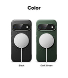 Google Pixel 11 Pro Case | Onyx Magnetic - Color options graphic showing two phone cases side by side on a white background, labeled 'Color' at the top and 'Black' and 'Dark Green' below. The left case is black and the right case is dark green, both with a large circular MagSafe ring on the back.