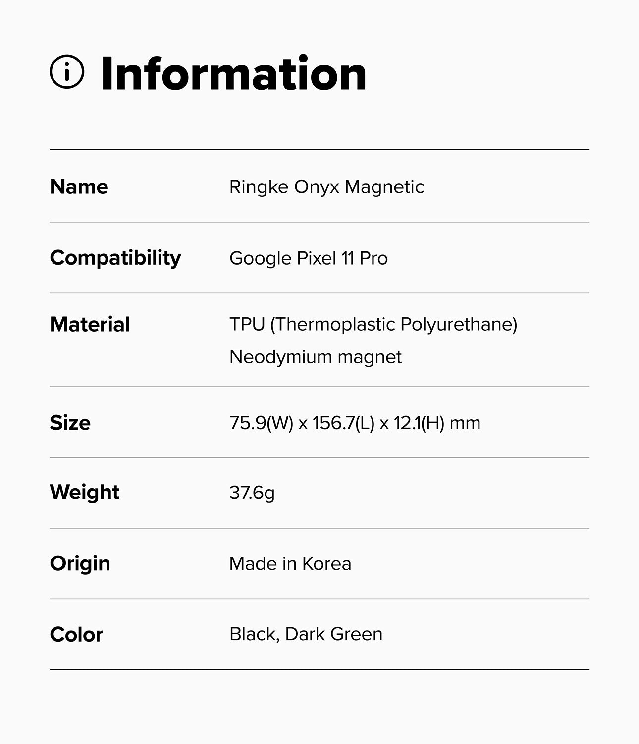 Google Pixel 11 Pro Case | Onyx Magnetic - Product information card for Ringke Onyx case with specifications on a white background