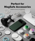 Google Pixel 11 Pro Case | Onyx Magnetic - A dark green smartphone shown with MagSafe accessories arranged around it on a light gray background, including a white magnetic stand, white ring clips, a black magnetic mount, and several white circular magnetic pads. Text at the top reads 'Perfect for MagSafe Accessories' with a smaller note that MagSafe accessories are sold separately.
