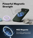 Google Pixel 11 Pro Case | Onyx Magnetic - A dark green smartphone case with built-in MagSafe magnets, shown with a charging cable and several circular magnetic rings on a light gray surface. Text at the top reads 'Powerful Magnetic Strength' and the bottom panel says 'N52 Magnets Strong N52 magnets ensure secure MagSafe attachment.