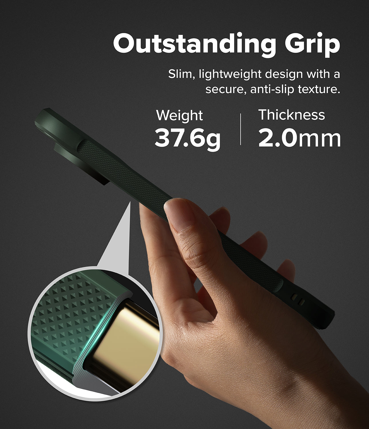 Google Pixel 11 Pro Case | Onyx Magnetic - A hand holds a slim dark green phone case against a dark gray background, with text highlighting its outstanding grip, lightweight design, and dimensions. A circular inset shows a close-up of the textured grip and gold-toned interior.