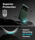 Google Pixel 11 Pro Case | Onyx Magnetic - A dark green smartphone case shown floating above a rocky surface with debris, under the text 'Superior Protection' and a military impact-test badge. The lower section shows the case corner absorbing impact with glowing air pocket technology and the text 'Impact-Absorbing Air Pocket Corners.