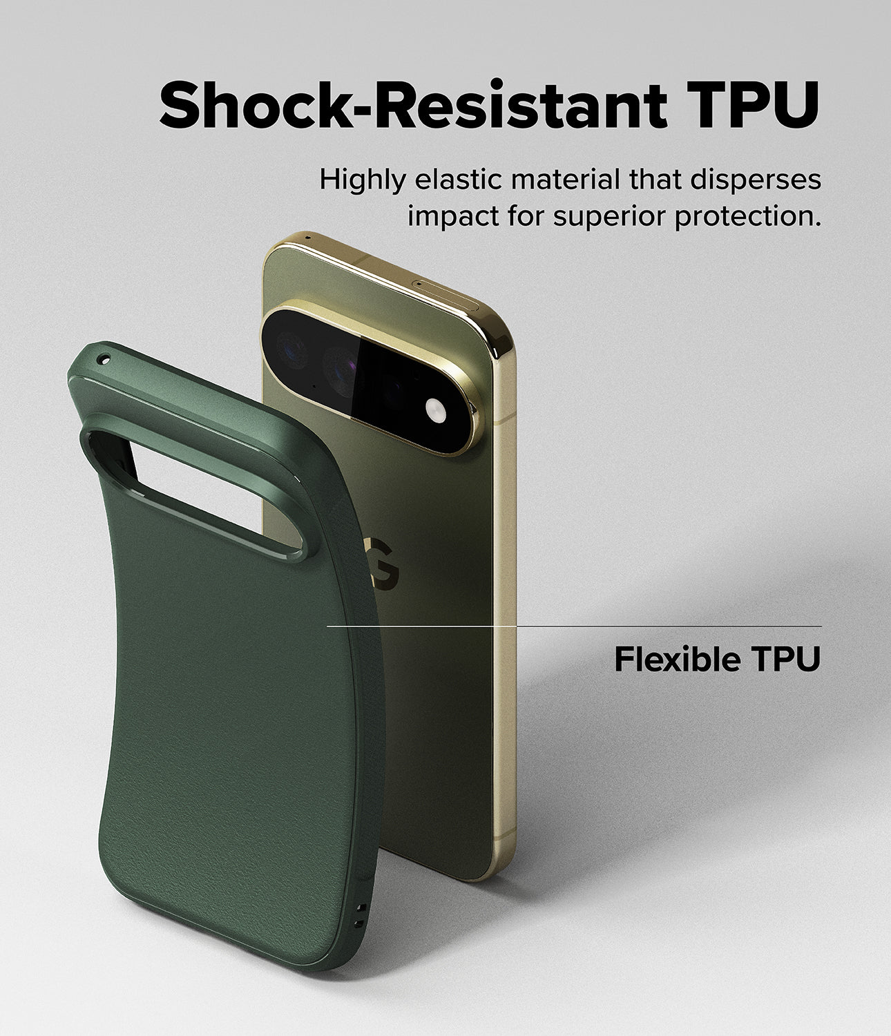 Google Pixel 11 Pro Case | Onyx Magnetic - A dark green protective phone case shown from the back, with a smartphone partially visible behind it to demonstrate fit. The image includes marketing text reading 'Shock-Resistant TPU' and 'Flexible TPU' on a clean light gray background.