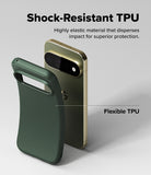Google Pixel 11 Pro Case | Onyx Magnetic - A dark green protective phone case shown from the back, with a smartphone partially visible behind it to demonstrate fit. The image includes marketing text reading 'Shock-Resistant TPU' and 'Flexible TPU' on a clean light gray background.