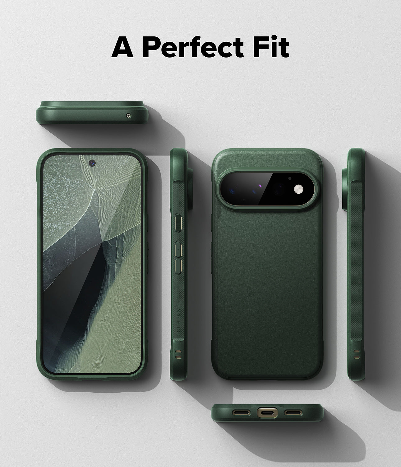 Google Pixel 11 Pro Case | Onyx Magnetic - A dark green phone case shown from multiple angles on a light gray background, with the text 'A Perfect Fit' at the top. The views include the back of the phone in the case, side profiles, and a front view with the screen visible.