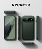 Google Pixel 11 Pro Case | Onyx Magnetic - A dark green phone case shown from multiple angles on a light gray background, with the text 'A Perfect Fit' at the top. The views include the back of the phone in the case, side profiles, and a front view with the screen visible.