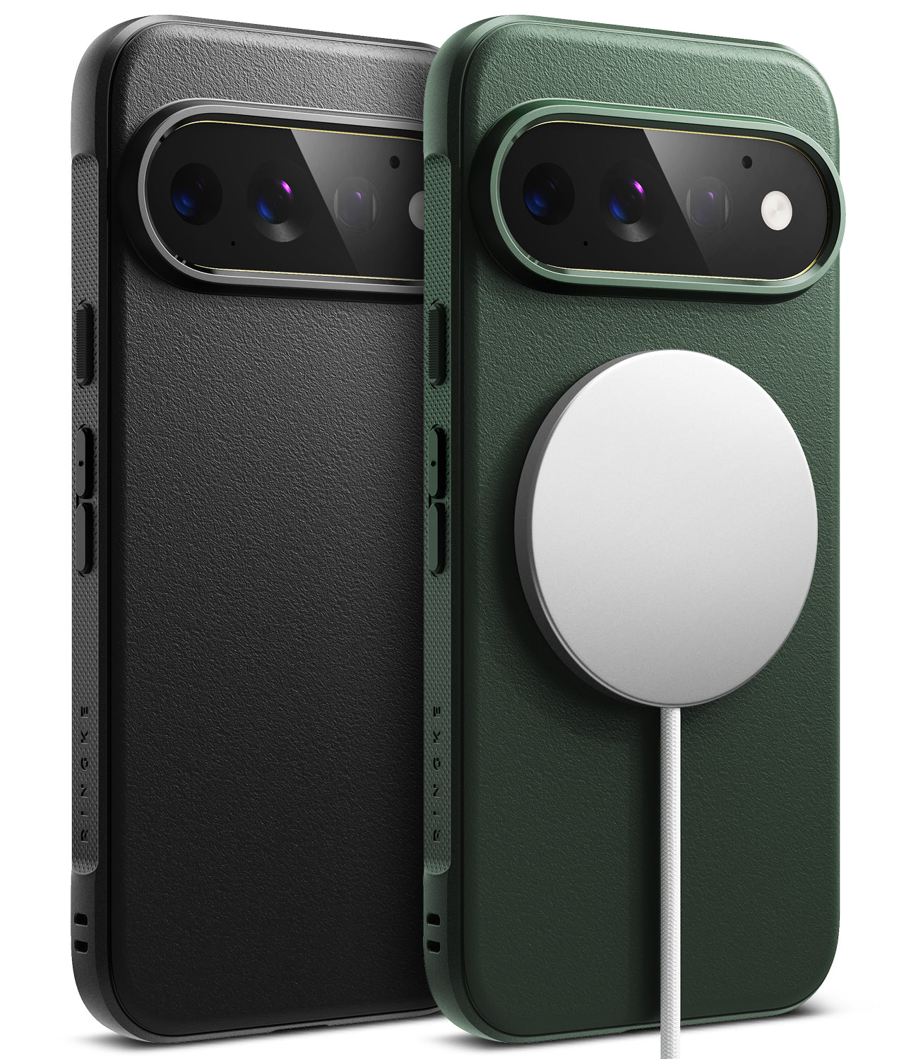 Google Pixel 11 Pro Case | Onyx Magnetic - Two textured phone cases shown from the back on a white background, one in black and one in dark green, both fitted with MagSafe-compatible circular magnetic mounts.