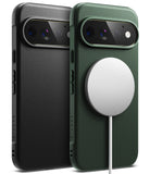 Google Pixel 11 Pro Case | Onyx Magnetic - Two textured phone cases shown from the back on a white background, one in black and one in dark green, both fitted with MagSafe-compatible circular magnetic mounts.