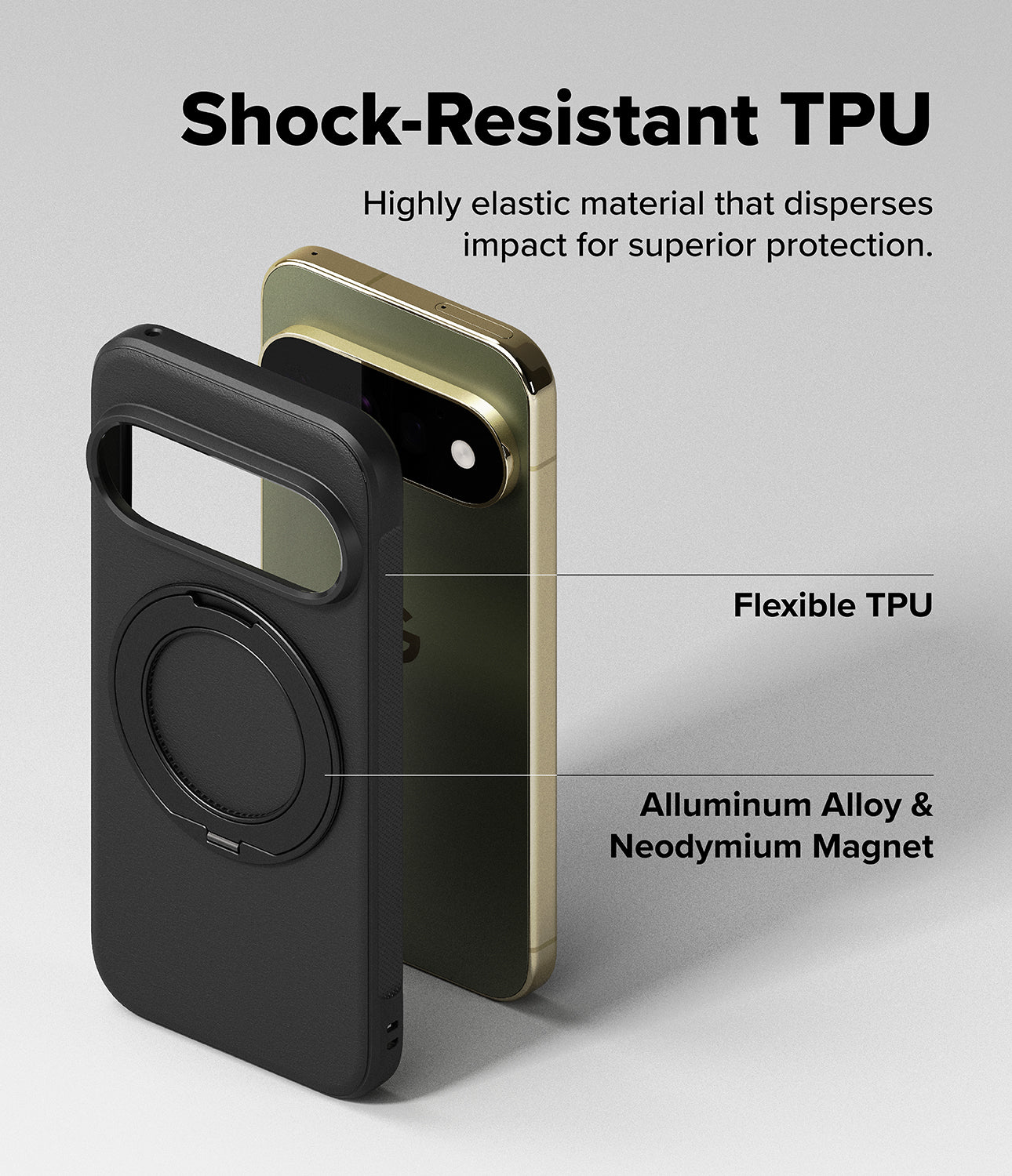 Google Pixel 11 Pro Case | Onyx Ring - A black protective phone case with a built-in circular magnetic ring is shown alongside a gold phone inside the case. The image includes text callouts reading 'Shock-Resistant TPU', 'Flexible TPU', and 'Alluminum Alloy & Neodymium Magnet' on a light gray background.