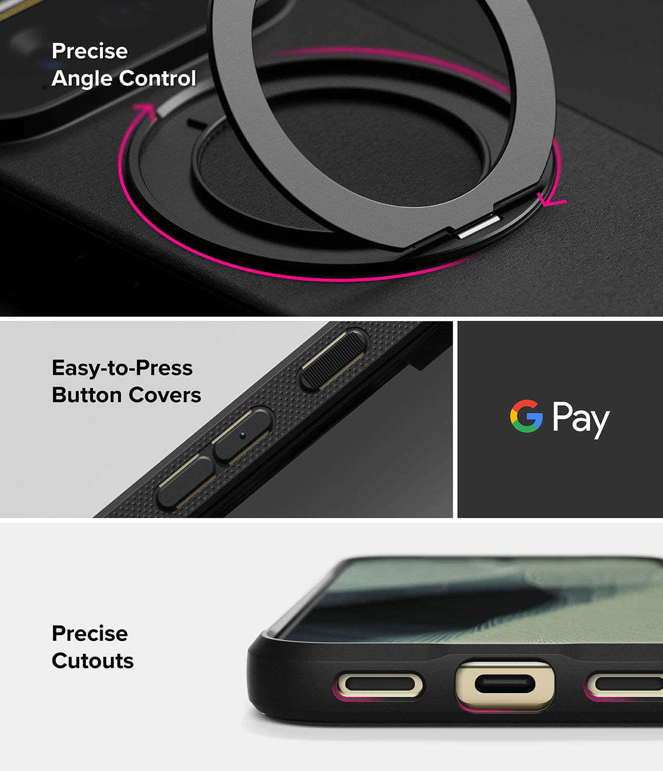 Google Pixel 11 Pro Case | Onyx Ring - Black phone case with a built-in magnetic ring and gold-toned charging port accents, shown in a three-panel feature graphic highlighting precise angle control, easy-to-press button covers, and precise cutouts.
