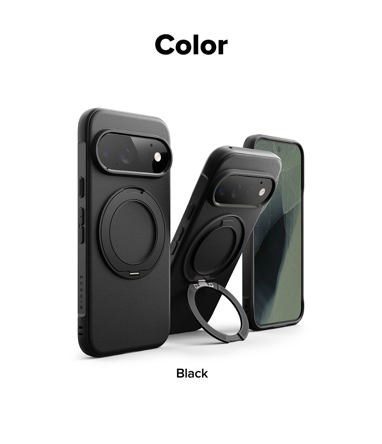 Google Pixel 11 Pro Case | Onyx Ring - Three views of a black phone case with a circular MagSafe ring and built-in kickstand, shown on a white background with the text 'Color' at the top and 'Black' at the bottom.