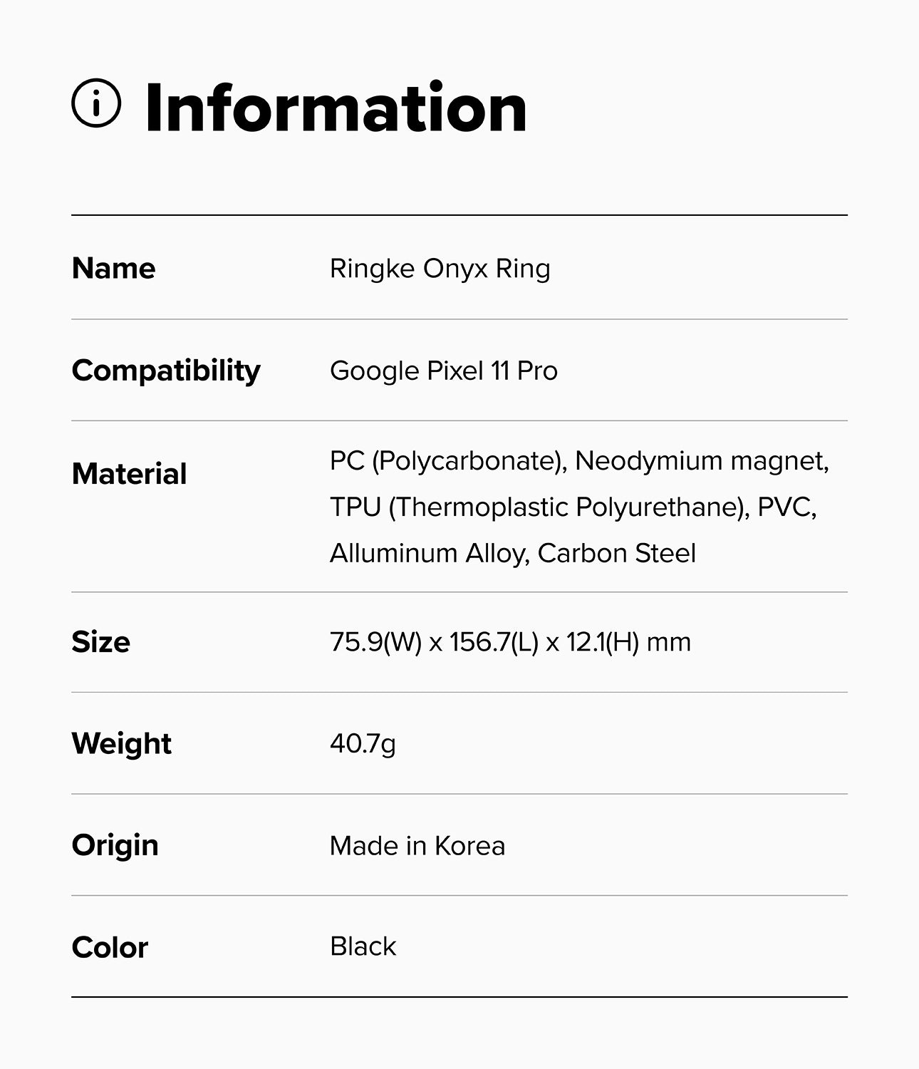 Google Pixel 11 Pro Case | Onyx Ring - A black and white specification sheet showing product information for a Ringke Alles case compatible with the Galaxy Z Fold8 Ultra. The table lists material, size, weight, and origin, with the color specified as Black.