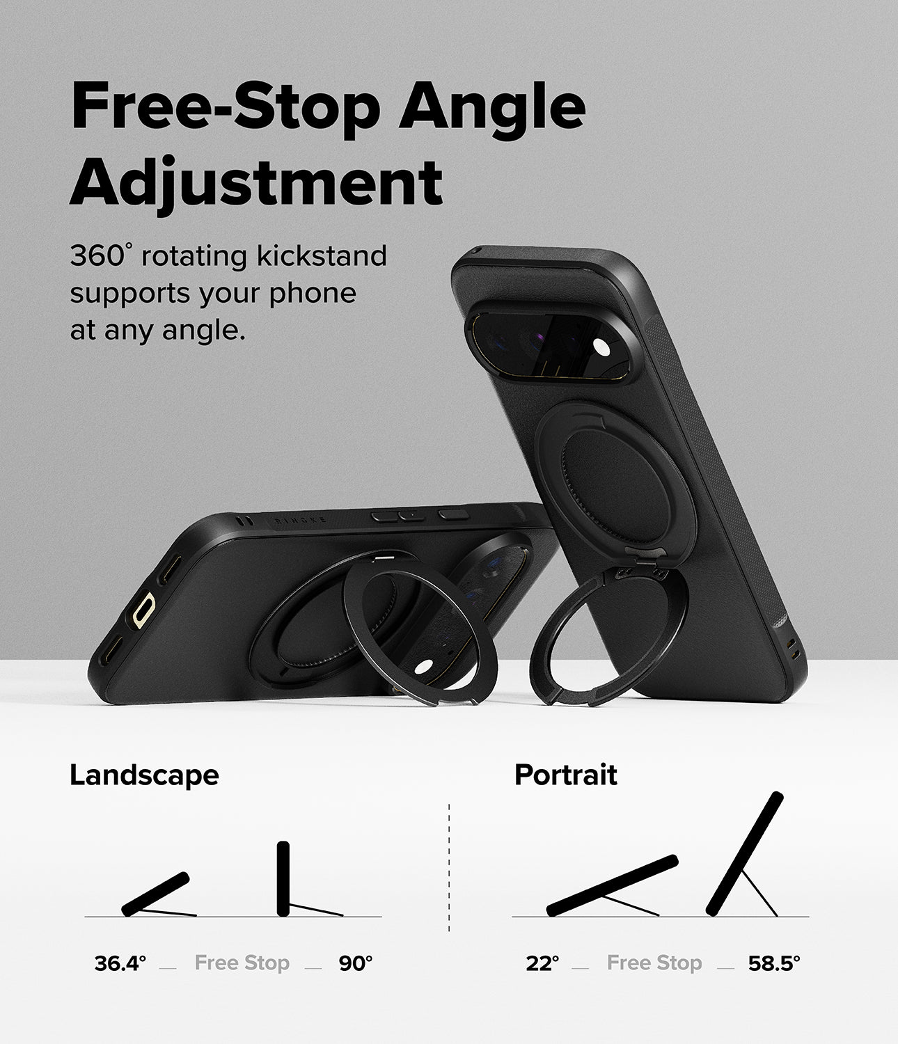 Google Pixel 11 Pro Case | Onyx Ring - Black phone case with a built-in kickstand and circular ring grip, shown in two angles on a light gray background with text explaining free-stop angle adjustment for landscape and portrait orientations.