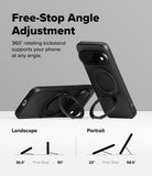 Google Pixel 11 Pro Case | Onyx Ring - Black phone case with a built-in kickstand and circular ring grip, shown in two angles on a light gray background with text explaining free-stop angle adjustment for landscape and portrait orientations.