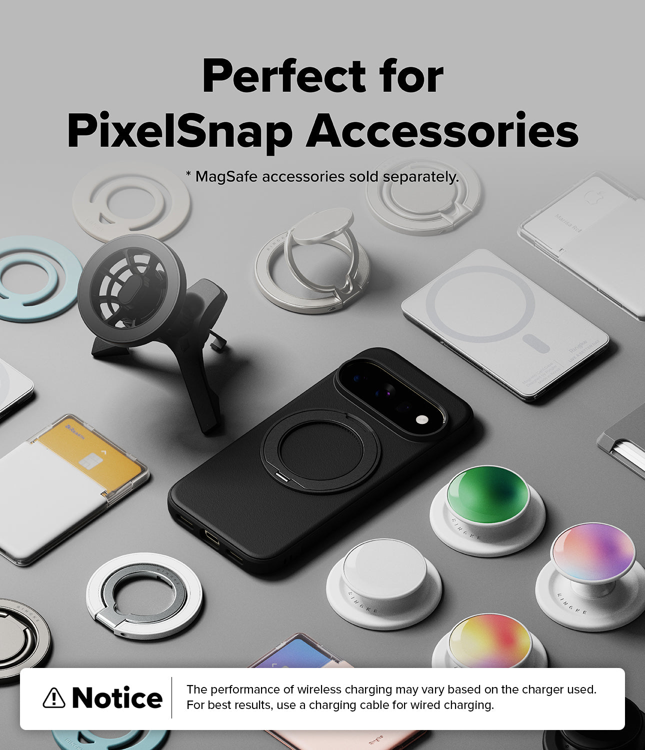 Google Pixel 11 Pro Case | Onyx Ring - A promotional layout showing a black PixelSnap-compatible phone case with a circular MagSafe ring, surrounded by white and gray magnetic accessories, a phone stand, and a small cable on a light gray background. Large text reads 'Perfect for PixelSnap Accessories,' with a small note that MagSafe accessories are sold separately and a notice about wireless charging performance.