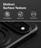 Google Pixel 11 Pro Case | Onyx Ring - Close-up of a black phone case with a circular magnetic ring and camera cutout, shown with marketing text reading 'Distinct Surface Texture,' 'Anti-Fingerprint,' 'Easy to clean,' and 'Premium TPU' on a dark textured background.