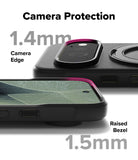 Google Pixel 11 Pro Case | Onyx Ring - Black camera protection case for a smartphone, showing two views of the phone with the case installed. The image includes text overlays indicating 'Camera Protection', '1.