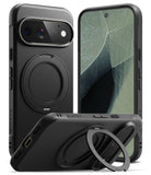 Google Pixel 11 Pro Case | Onyx Ring - Three views of a black rugged smartphone case with a circular MagSafe ring and built-in kickstand, shown on a white background.
