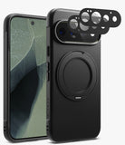 [Bundle] Google Pixel 11 Pro | Onyx Ring + Camera Protectors - Black textured phone case shown from the back and side, with a matching black camera lens protector overlay, on a clean white background.