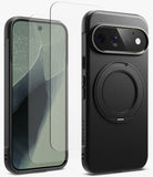 [Bundle] Google Pixel 11 Pro | Onyx Ring + Screen Protectors - A black textured phone case with a circular magnetic ring and raised camera bumper, shown alongside a matching clear screen protector over a smartphone.