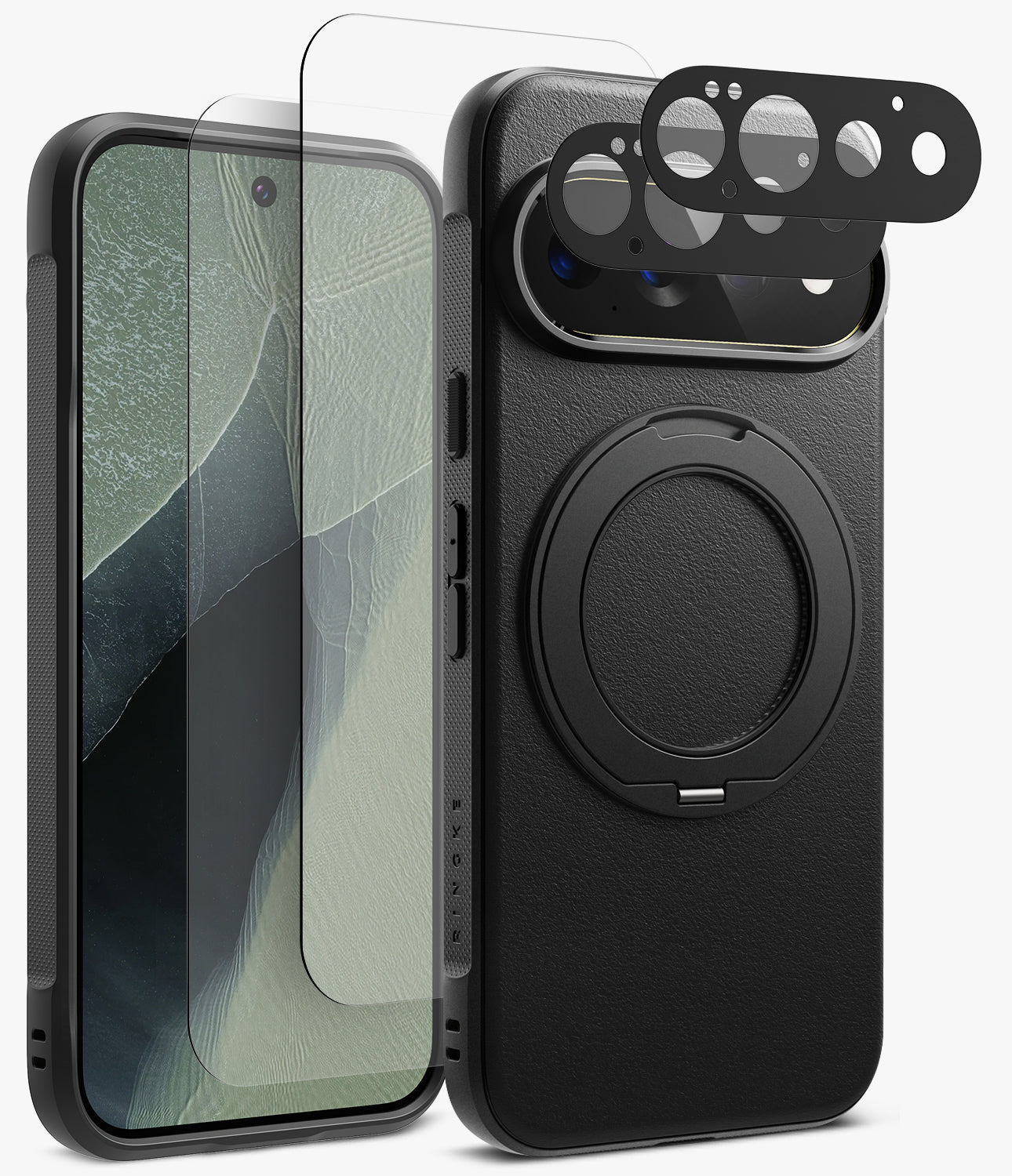 [Bundle] Google Pixel 11 Pro | Onyx Ring + Screen & Camera Protectors - Black textured magnetic phone case with a built-in ring stand, shown alongside a clear screen protector and a black camera lens protector film, displayed on a light gray background.