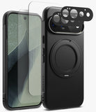 [Bundle] Google Pixel 11 Pro | Onyx Ring + Screen & Camera Protectors - Black textured magnetic phone case with a built-in ring stand, shown alongside a clear screen protector and a black camera lens protector film, displayed on a light gray background.