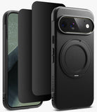 [Bundle] Google Pixel 11 Pro | Onyx Ring + Privacy Protectors - Black textured phone case with a built-in circular magnetic ring, shown on a smartphone. Two additional black screen protectors are displayed behind the phone against a clean white background.