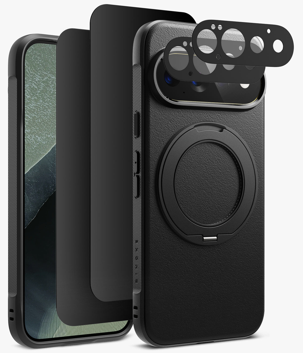 [Bundle] Google Pixel 11 Pro | Onyx Ring + Privacy & Camera Protectors - Black textured phone case with a circular MagSafe ring, shown on a smartphone from front and back angles, with matching black camera lens protectors displayed above on a light gray background.