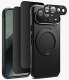 [Bundle] Google Pixel 11 Pro | Onyx Ring + Privacy & Camera Protectors - Black textured phone case with a circular MagSafe ring, shown on a smartphone from front and back angles, with matching black camera lens protectors displayed above on a light gray background.