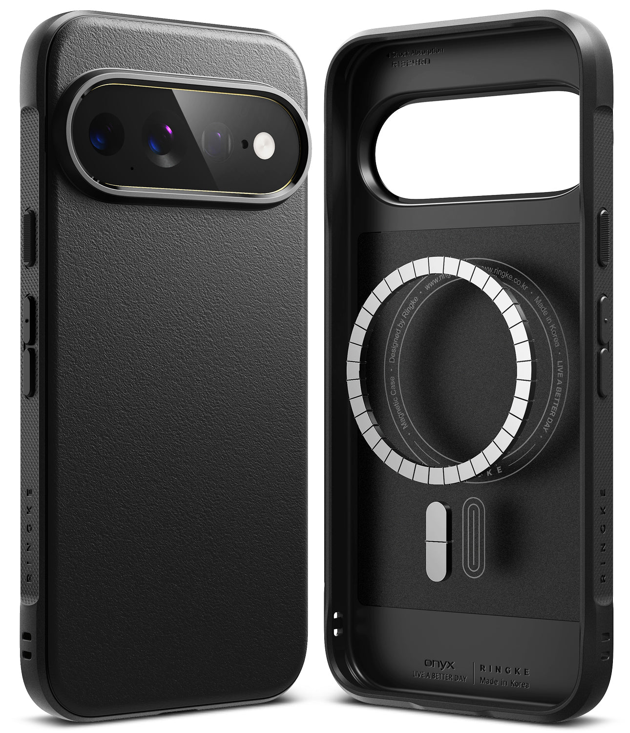 Pixel 11 Pro XL Case | Onyx Magnetic - Black protective phone case shown from the back and side, featuring a textured leather-like finish, MagSafe-compatible circular ring, and camera cutout, displayed on a clean white background.