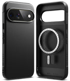 Pixel 11 Pro XL Case | Onyx Magnetic - Black protective phone case shown from the back and side, featuring a textured leather-like finish, MagSafe-compatible circular ring, and camera cutout, displayed on a clean white background.