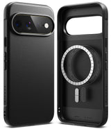 Pixel 11 Pro XL Case | Onyx Magnetic - Black protective phone case shown from the back and side, featuring a textured leather-like finish, MagSafe-compatible circular ring, and camera cutout, displayed on a clean white background.