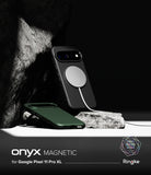Google Pixel 11 Pro XL Case | Onyx Magnetic - A black magnetic phone case with a silver MagSafe ring, shown with a white charging cable on a white surface next to a green phone case. The image has a dark, moody background with a rock texture, and a black banner at the bottom with the text 'onyx MAGNETIC for Google Pixel 11 Pro XL' and the Ringke logo.