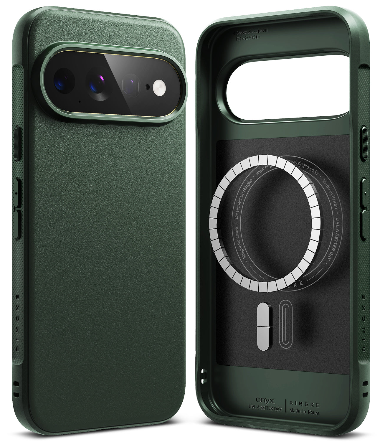 Pixel 11 Pro XL Case | Onyx Magnetic - Two views of a dark green protective phone case on a white background, showing the back exterior and the front interior with MagSafe compatibility.