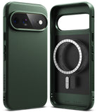 Pixel 11 Pro XL Case | Onyx Magnetic - Two views of a dark green protective phone case on a white background, showing the back exterior and the front interior with MagSafe compatibility.