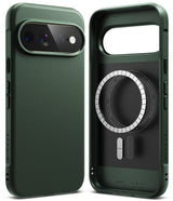 Pixel 11 Pro XL Case | Onyx Magnetic - Two views of a dark green protective phone case on a white background, showing the back exterior and the front interior with MagSafe compatibility.