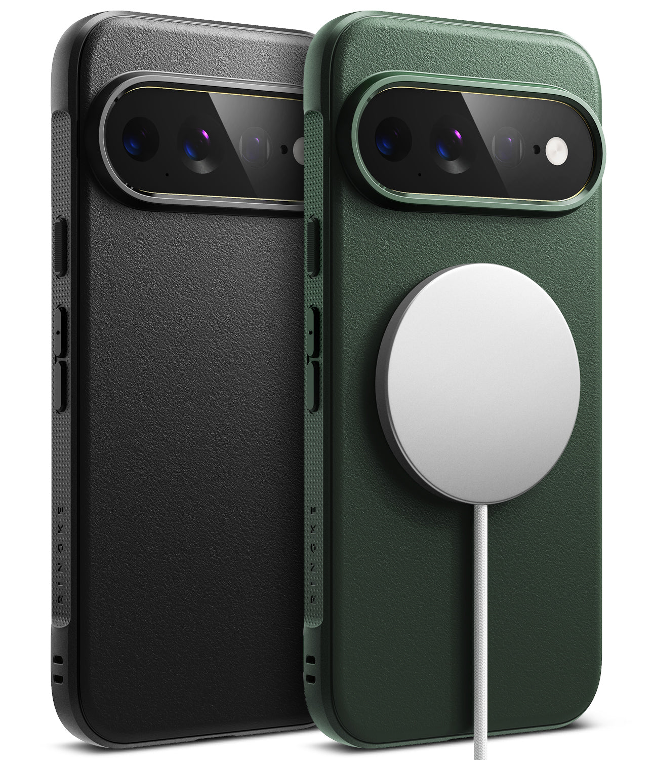 Pixel 11 Pro XL Case | Onyx Magnetic - Two textured phone cases shown from the back on a white background, one in black and one in dark green, both fitted with MagSafe-compatible circular magnetic rings.