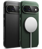 Pixel 11 Pro XL Case | Onyx Magnetic - Two textured phone cases shown from the back on a white background, one in black and one in dark green, both fitted with MagSafe-compatible circular magnetic rings.