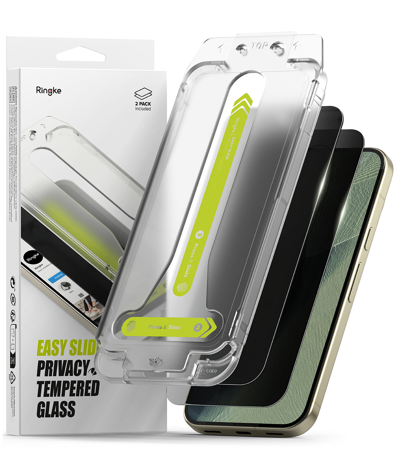 Google Pixel 11 Pro Screen Protector | Easy Slide Privacy Tempered Glass (2 Pack) - Ringke easy slide privacy and tempered glass screen protectors shown in a clear case with two black phones behind them, next to the white retail packaging box.