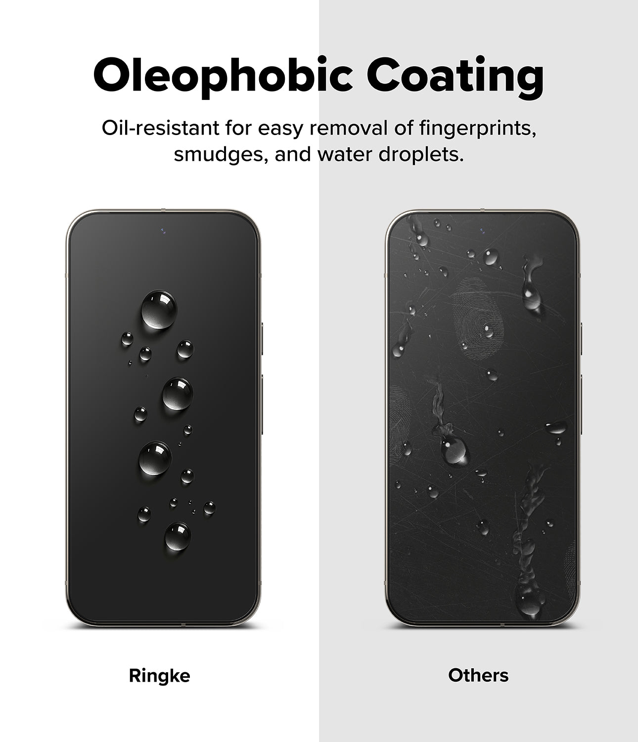 Google Pixel 11 Pro / 11 Screen Protector | Easy Slide Tempered Glass (2 Pack) - Comparison graphic showing two black smartphone screens with water droplets and oil-like smudges. The left phone is labeled 'Ringke' and appears to have a coated, water-repellent surface.